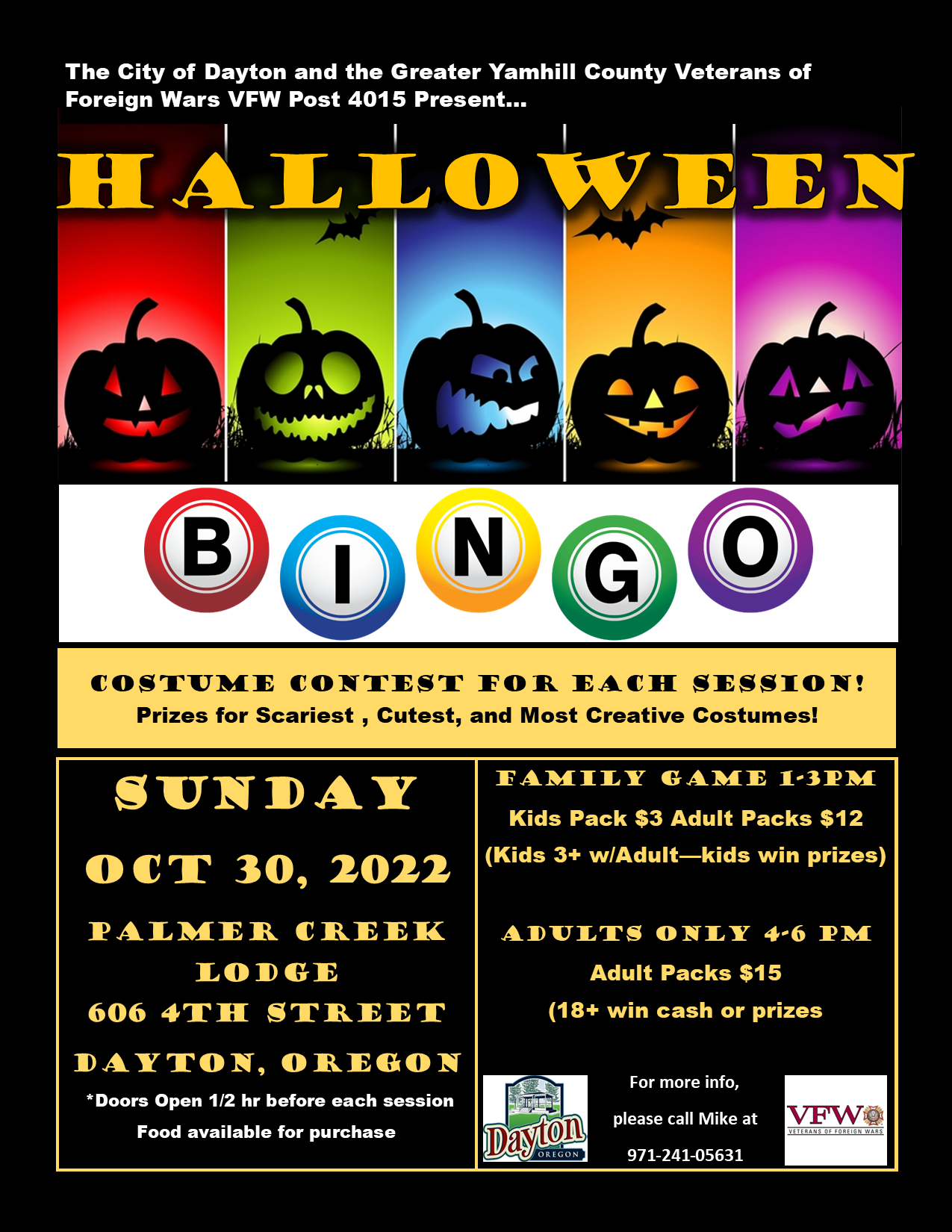 Flyer describing a Halloween BINGO game on Sunday, October 30th at Palmer Creek Lodge. Families 1-3PM and adults 4-6PM. 